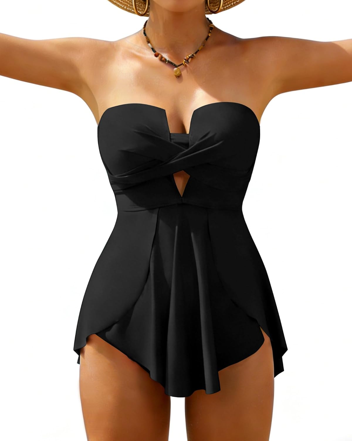 XUNYU One Piece Swimsuits for Women Bandeau Strapless Bathing Suits Tummy Control Modest Swim Dress Cute Teens Swim Suit 2026