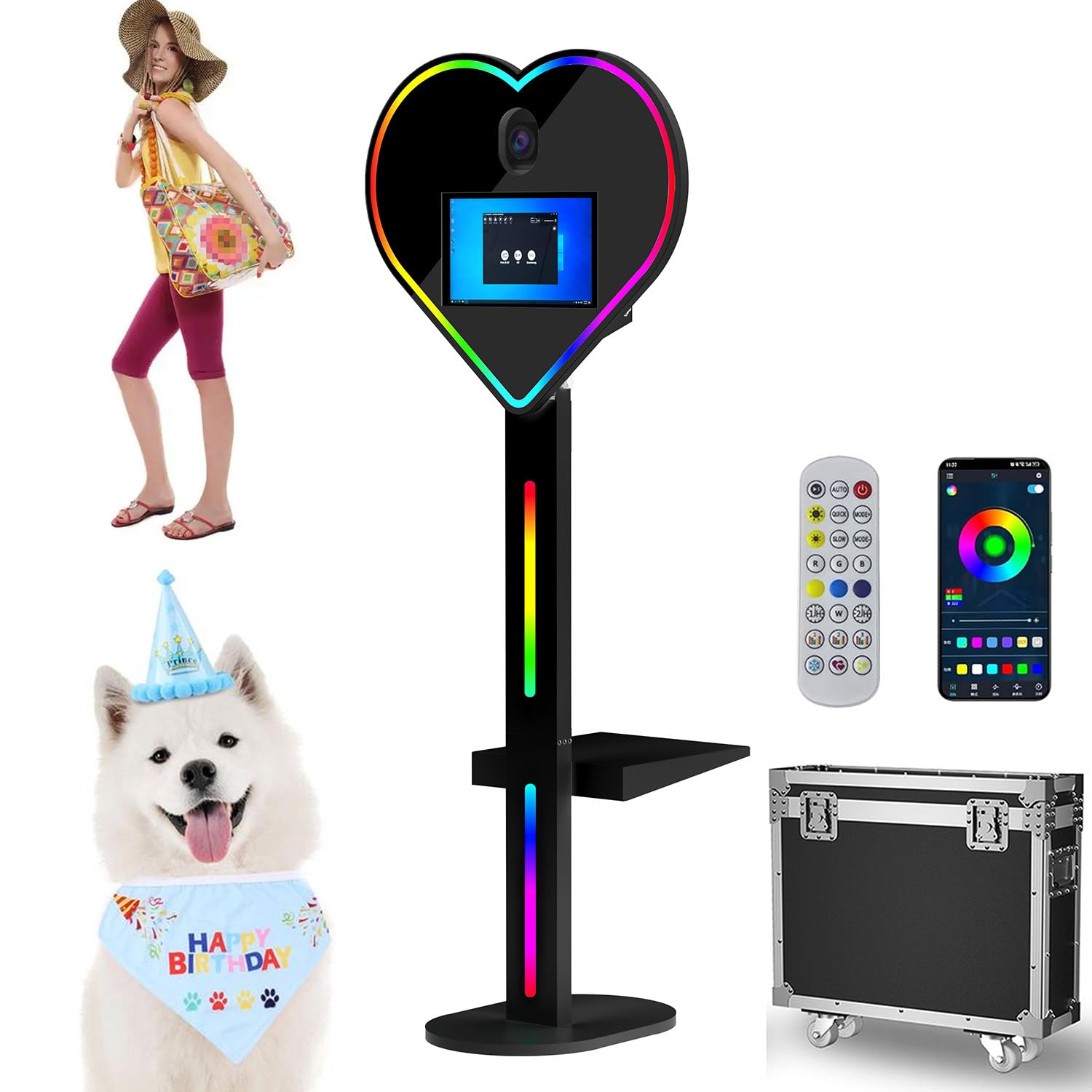 Cabina fotográfica profesional DSLR con pantalla táctil, incluye funda de vuelo y papeles fotográficos, ideal para bodas y fiestas