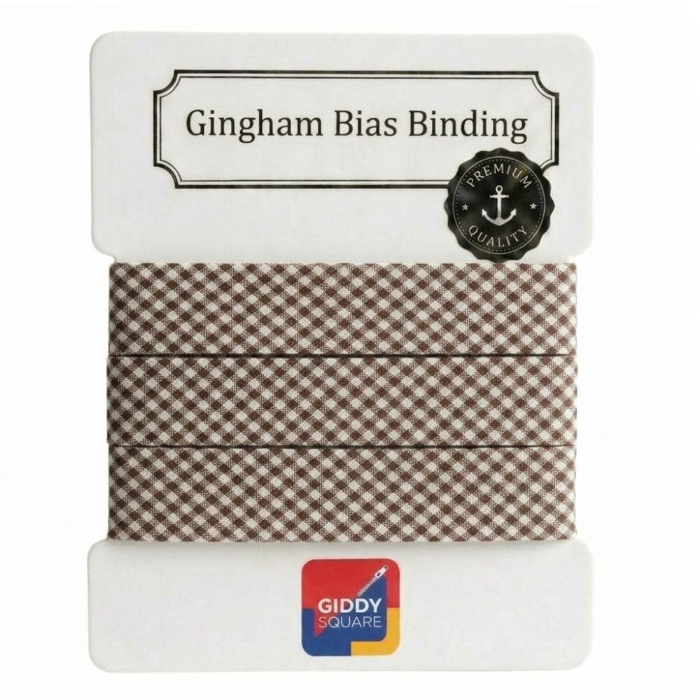 Premium Yarn Dyed Polycotton Gingham Bias Binding Tape 30mm Brown Small Gingham 3m - Strong Smooth Hardwearing Woven Check Trim for Quilting, Bunting & Edging - Machine Washable - Giddy Square