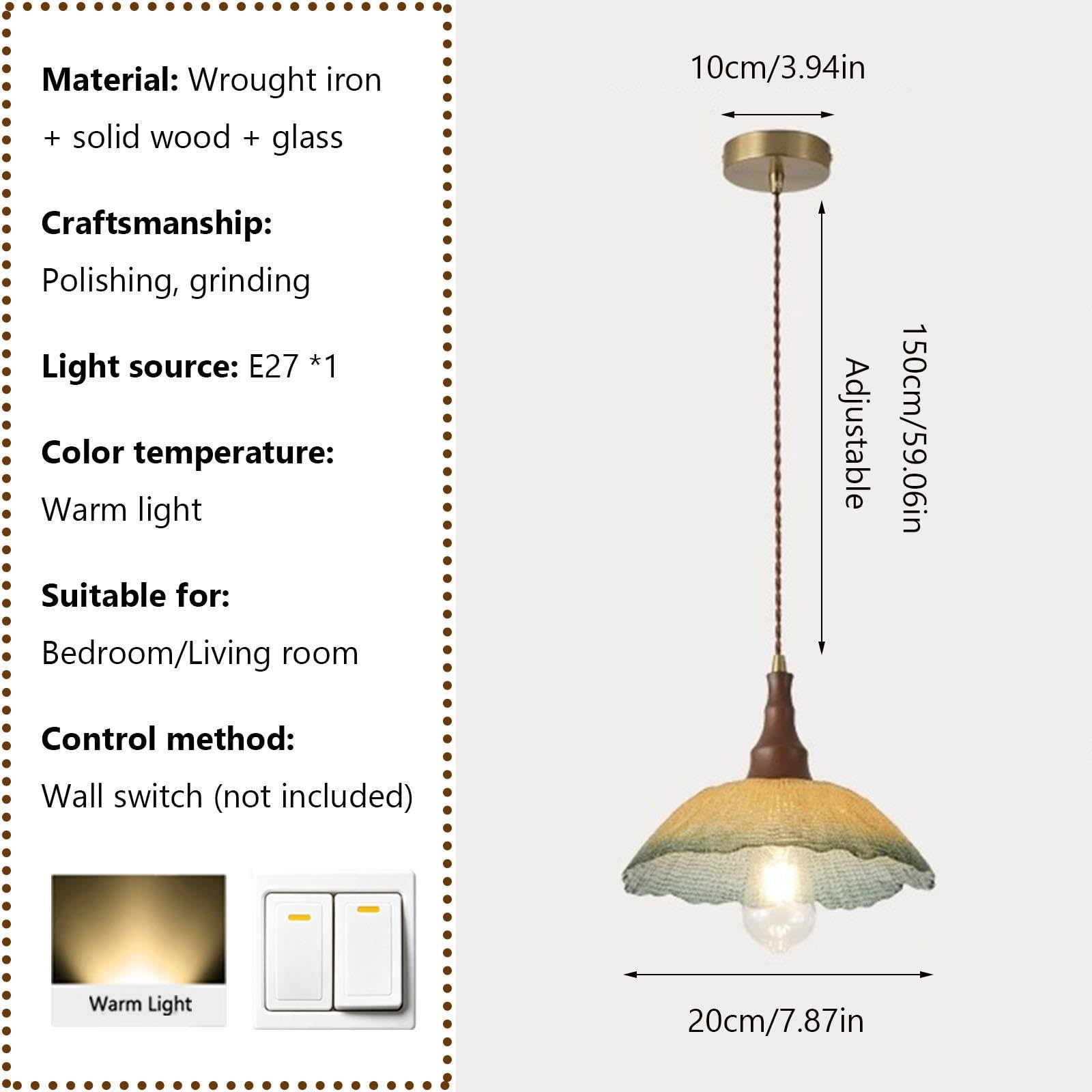 Lampada a sospensione in legno con paralume in vetro strutturato a cupola