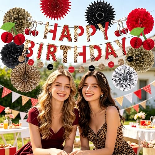 Image of Cheetah Birthday Party Decorations Cherry Print Paper Fans Tissue Pom Pom Cherry Honeycomb Animal Print Birthday Banner Hanging Swirls Red Black Animal Print Party Decoration for Women Girls Birthday