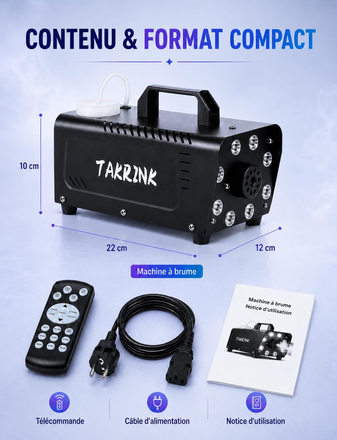 TAKRINK Machine à Fumée 900W Télécommande Machine à Brouillard Professionnel avec 8 LED et Réservoir 0,3 Litres pour Halloween Mariages Étapes Fêtes DJ et Spectacles | 8 LED RGB 16 Couleurs effet fumée Lumineux Réservoir 0,3 L et Commande à Distance pour