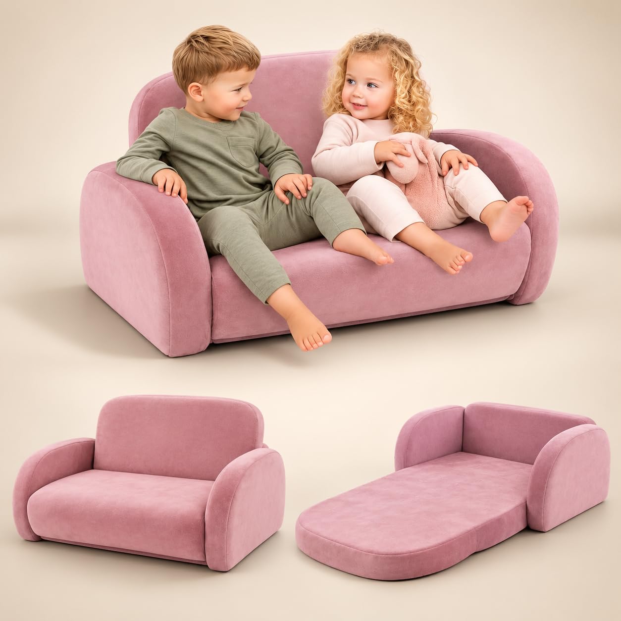 Nutech Decor 2-in-1 Sherpa Fold-Out Kids Couch, Convertible Toddler Sofa to Lounger, Extra Wide Plush Foam Kids Chair with Washable Cover for Bedroom, Playroom, Nursery & Living Room, Pink-image-21