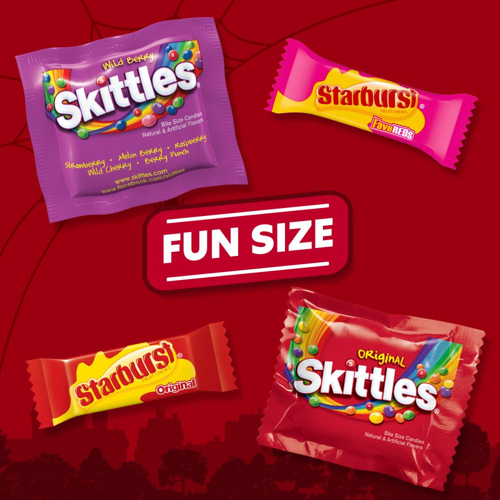 SKITTLES Original & Wild Berry, STARBURST Original & STARBURST FaveReds Fun Size Chewy Candy, Assorted Variety Pack, Halloween Candy Bulk Individually Wrapped, 32.28 Oz Jumbo Pack, Bulk Bag