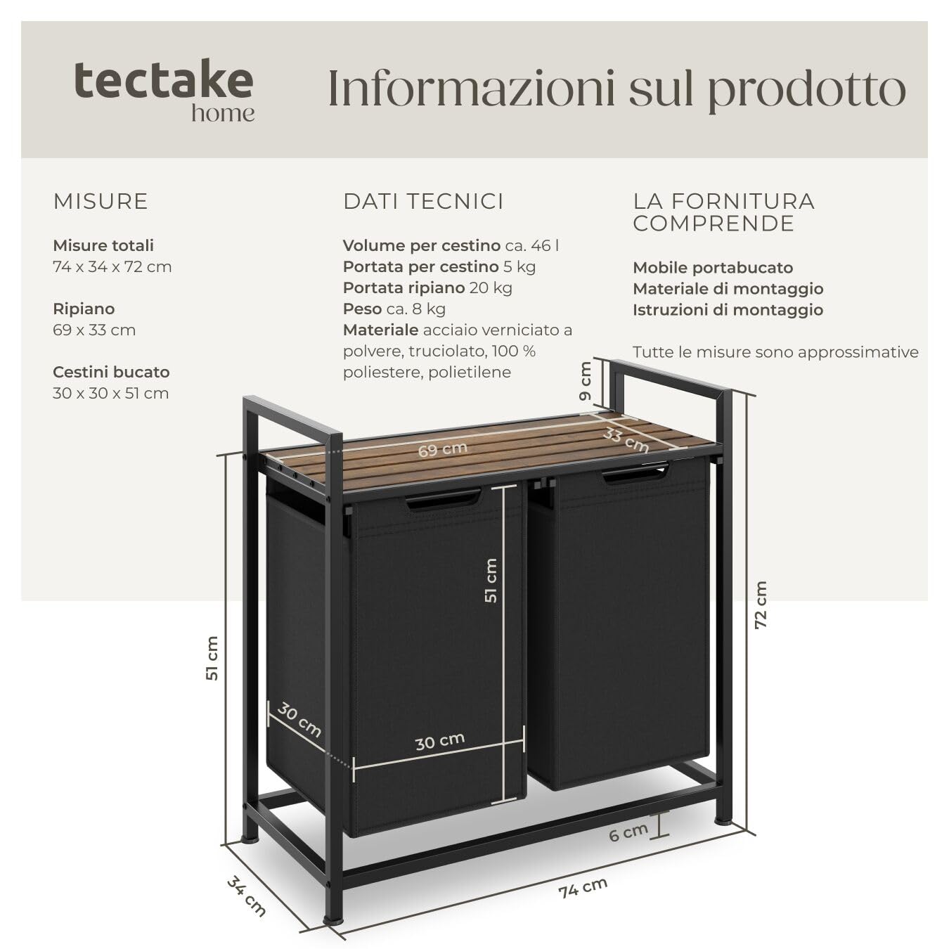 tectake® Cesto per Biancheria con Ripiano Effetto Legno, Cesto Portabiancheria con Sacchi Estraibili, Porta Biancheria con Struttura in Acciaio, Regolabile, Design Industriale - 34x74x72 cm