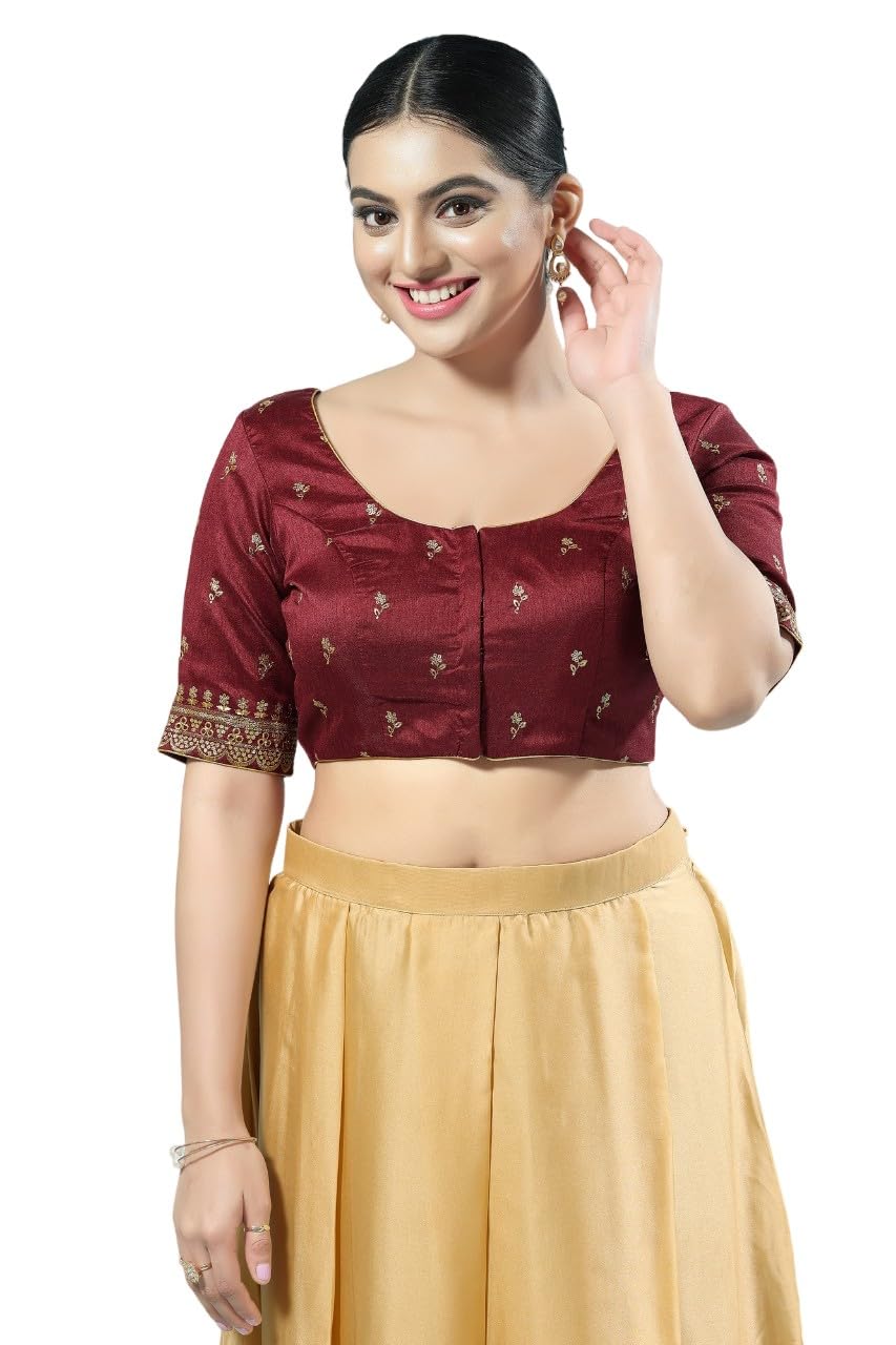 Vamas Women's Silk Padded Self Design Half Sleeve Readymade Saree Blouse (X-1166.ELB)