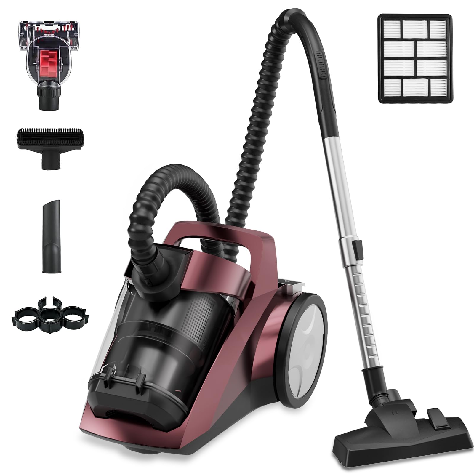 Canister Vacuum Cleaner, 45Kpa 1600W Bagless Canister Vacuum, 4Qt Large Dust Cup, Variable Speed Control, 5 Tools, Lightweight Canister Vacuum for Home, Pet, Carpet, Hard Floor, Red - 1