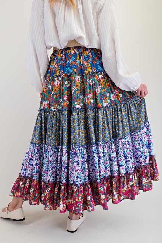 Summer Flowy Ruffle Layered A Line Long Skirts Casual Beach Vacation Resort Wear Floral Boho Tiered Maxi Skirt Women3