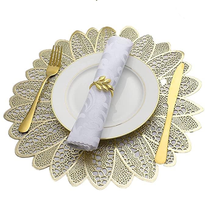 Image of Dakshya Industries Set of 2 Round PVC Table Placemats 38x38 cm - Waterproof, Heat Resistant Dining Mats (Gold)