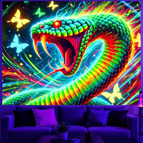 Image of BlissYard Psychedelic Dragon Blacklight Tapestry 78x59 Inch UV Reactive Wall Hanging Fantasy Castle Scene Glow in Dark Backdrop Luminous Blacklight Tapestry Aesthetic Decor Art