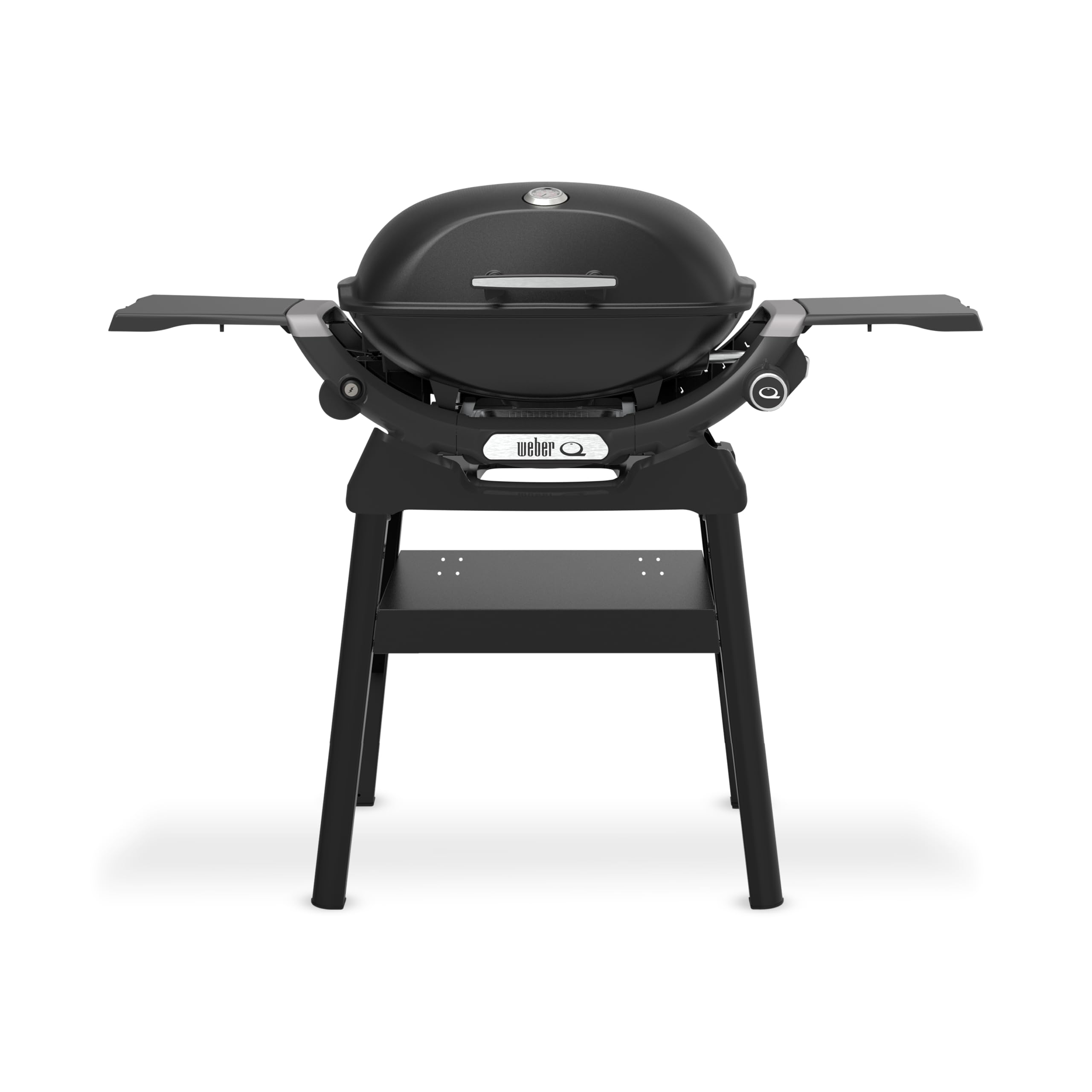 Weber Q 2200N Gas Barbecue with Side Tables & Stand/Compact BBQ, Porcelain-Enamelled Cast Iron Grates, Built-In Lid Thermometer, High-Efficiency Burner, 2065 cm² Cooking Surface, Midnight Black