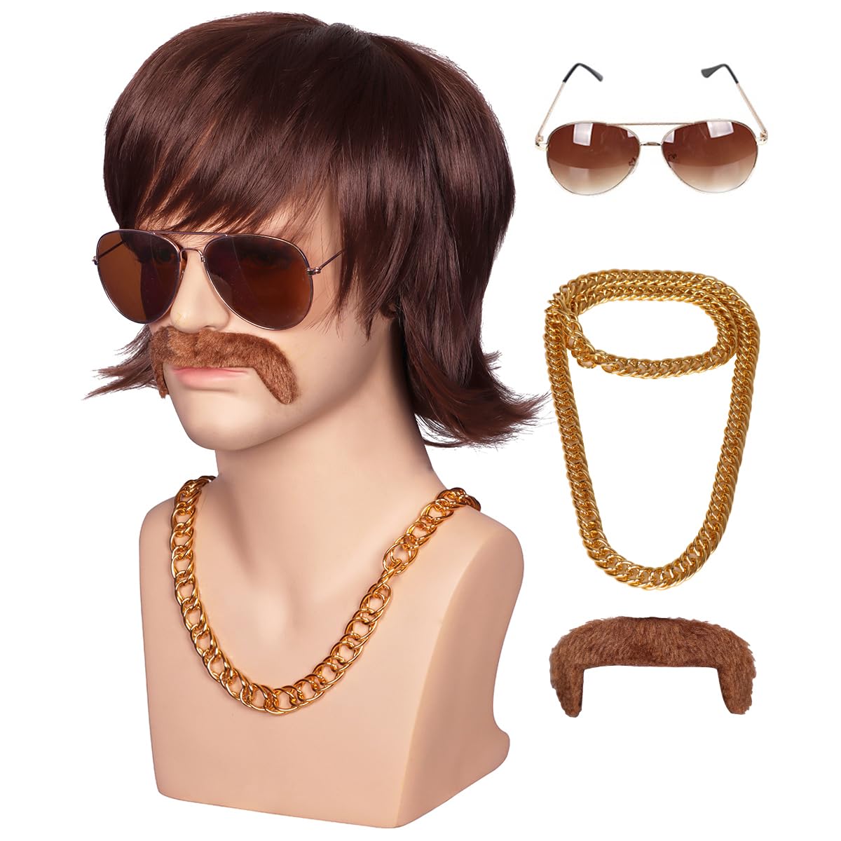 ColorGround 3-Pieces Chain and Moustache and Short Curly Wig for 70'S Disco Party (Brown (4 pieces set))