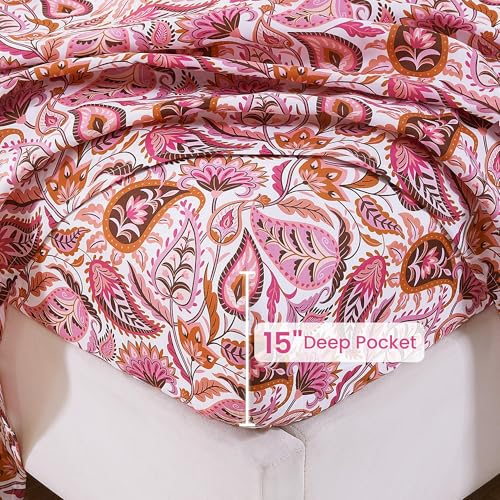 Image of Softan Pink Paisley Floral Twin Sheet Set, 3-Piece Cozy Boho Microfiber Printed Fitted Bed Sheet with 15 inch Deep Pockets & Non-Slip Straps, Kids Girls Patterned Sheets & Pillowcase Set