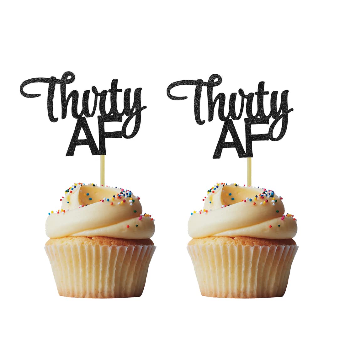 24 PCS Black Glittery Thirty AF Cupcake Toppers for 30th Birthday 30th Anniversary Retirement Party Decorations