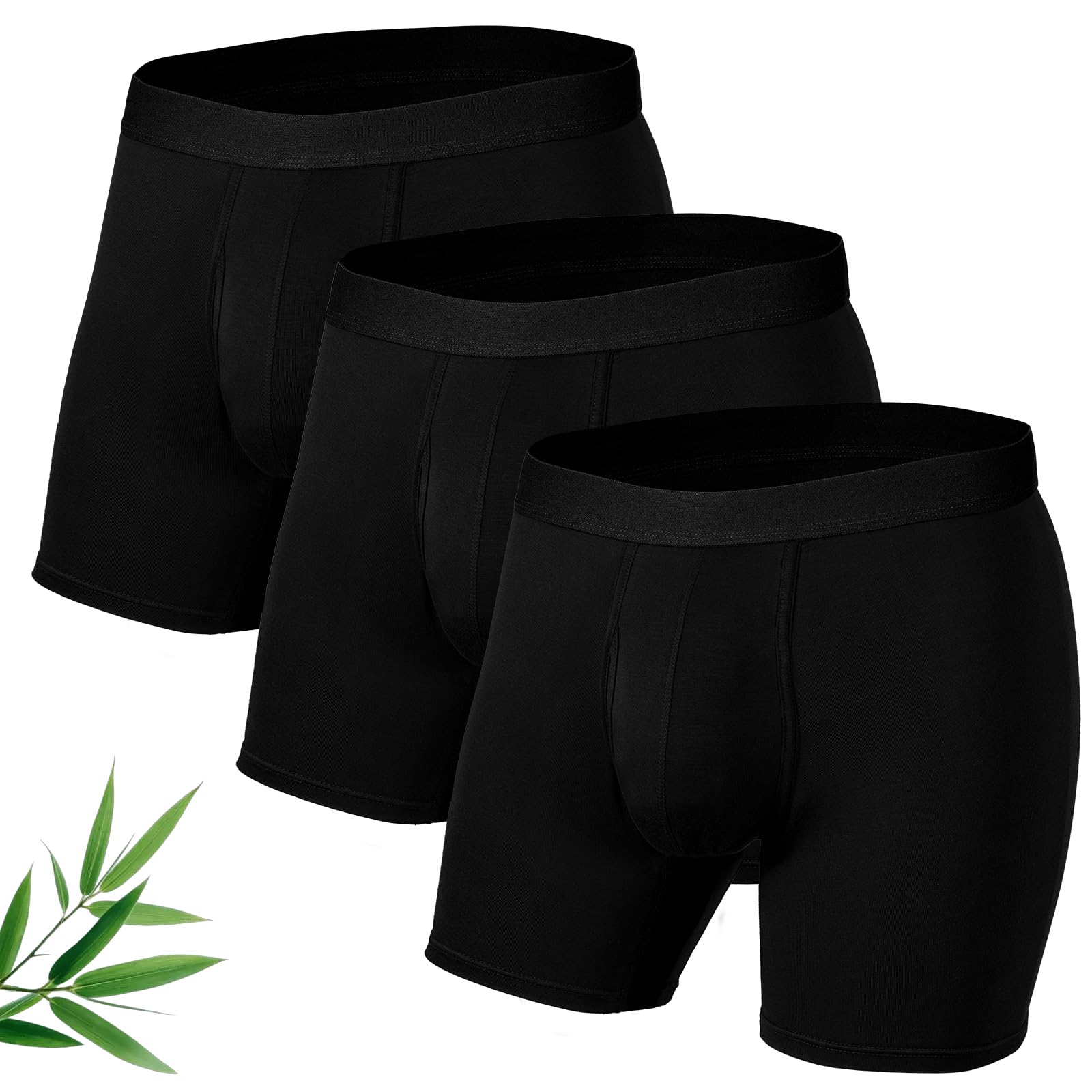 Mens Boxers Shorts, Bamboo Boxers 3 Pack, Soft Longer Leg Anti-Chafe Boxer Shorts with Fly, Breathable Bamboo Fiber Underwear Trunks, Tagless & Comfort Fit (M-XL)