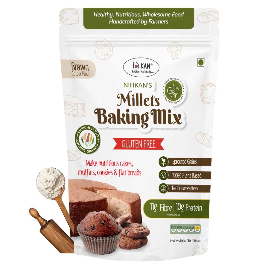 NIHKAN Gluten Free Baking Mix Flour with Millets - 454g | Wheat Free Baking Flour | No Maida for Cakes, Cookies, Breads | Sprouted Grains & lentils Mix | High protein & High Fibre | No Sugar