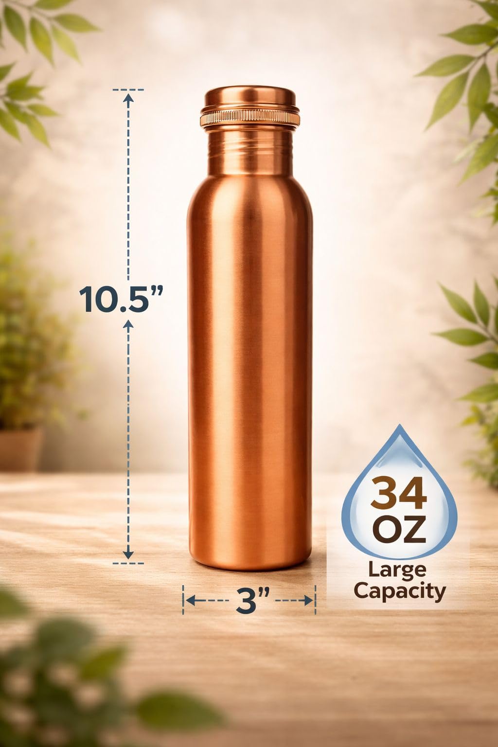 Wasserflasche aus 100 % reinem Kupfer mit Tragetasche, im Labor getestet, auslaufsicher, handgefertigt, ayurvedisches Kupfergefäß, Wasserflasche aus reinem Kupfer zum Trinken (Kupferflasche mit Tasche