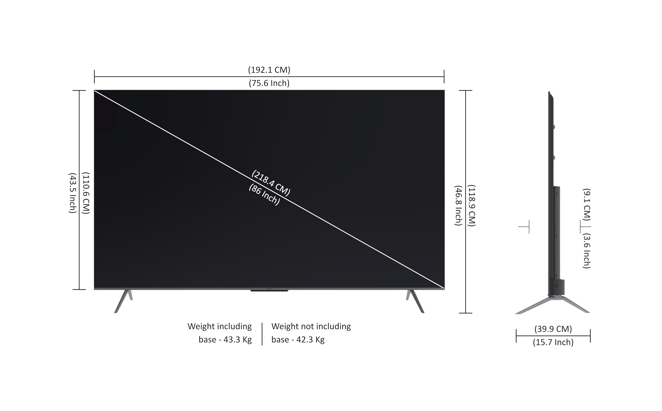 Diagram showing the dimensions of the Skyworth 86-inch TV