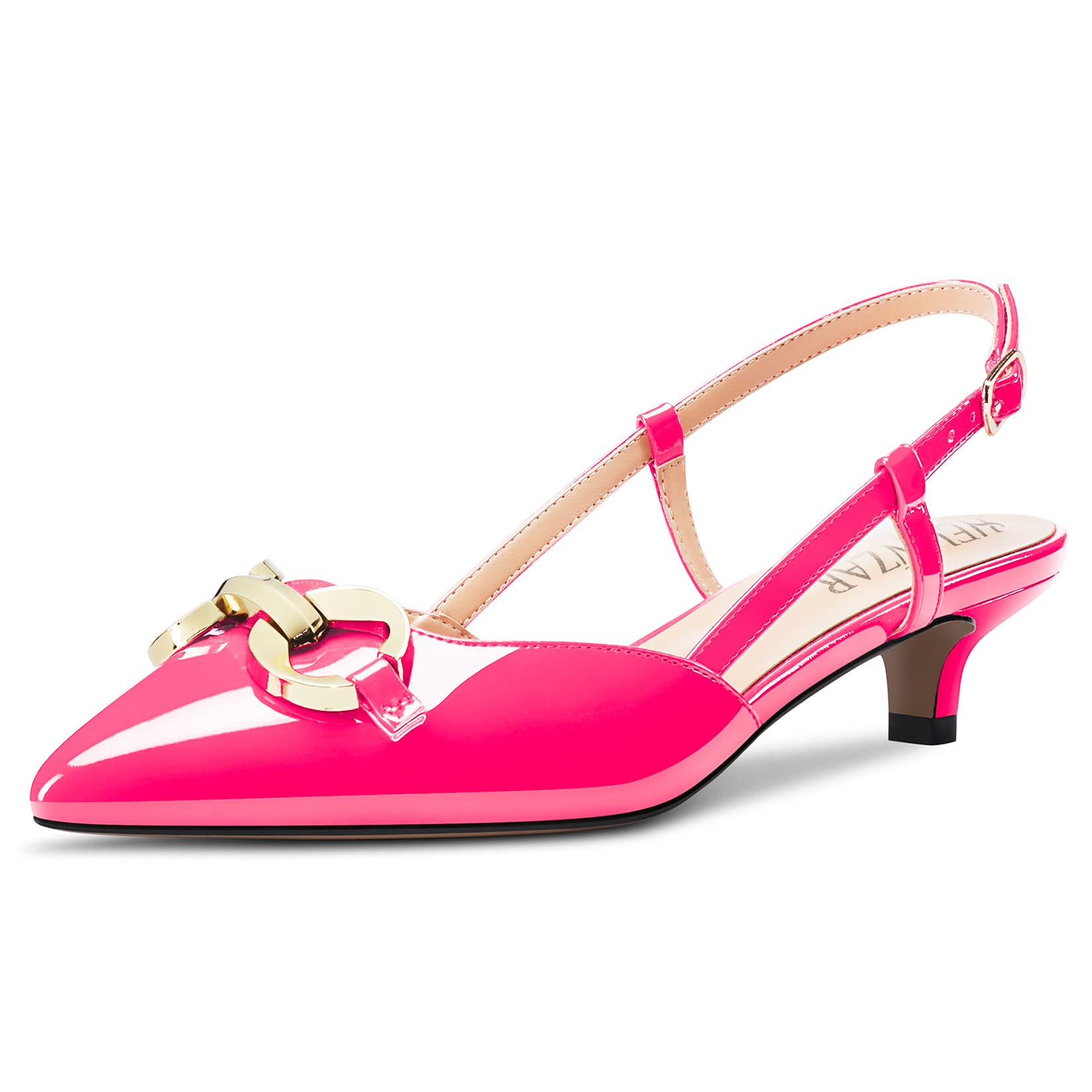 HEUIVZAR Slingback Pumps de Mujer Puntiaguada Punta Bajos Gatito Heel Correa Tobillo Charol Casual Confort Dress Zapatos 3.5 CM