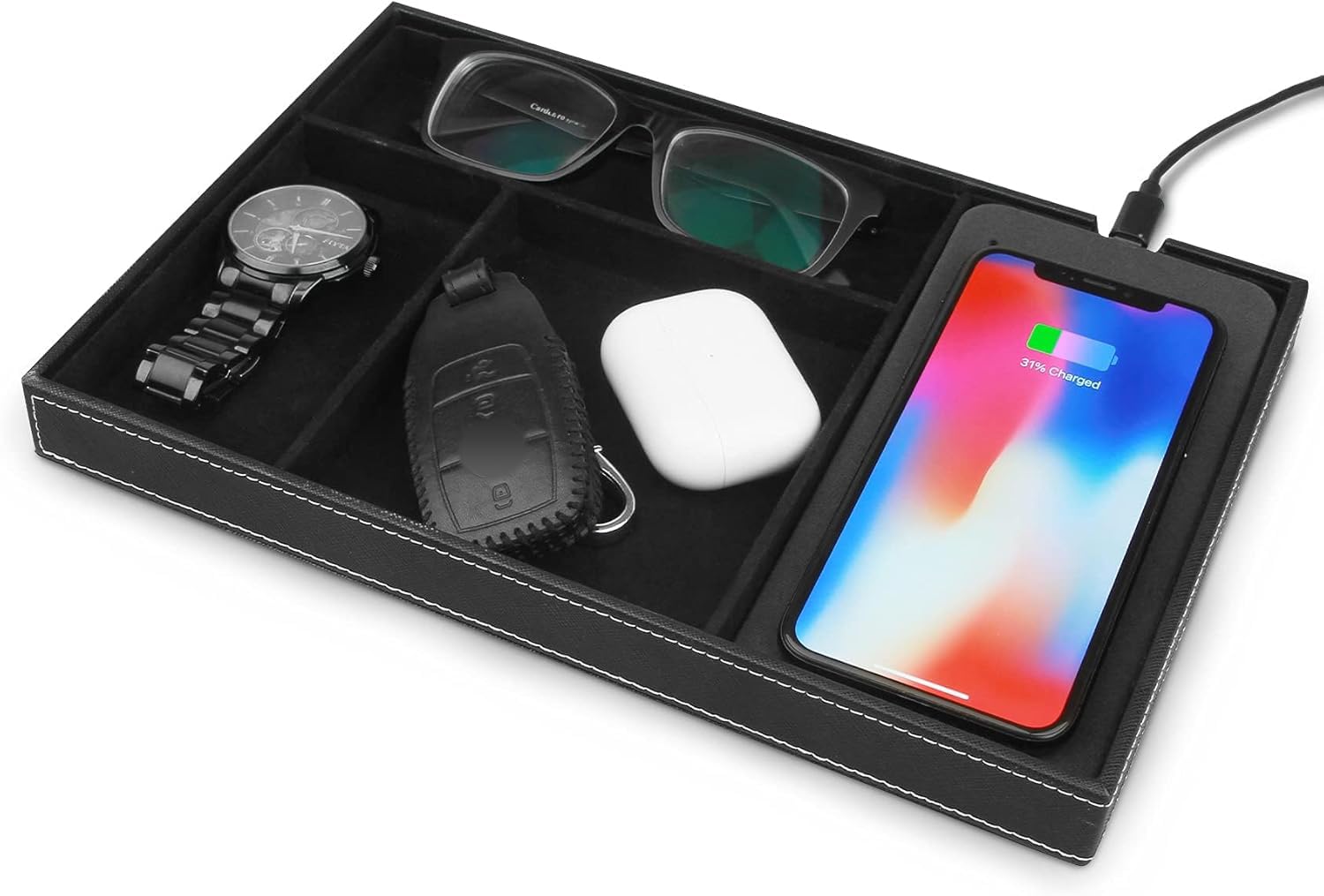 TopMade Valet Tray with Wireless Charging Pad, Nightstand Organizer, Faux Leather Charging Station Dresser Organizer, Jewelry Box for Men, Birthday Gifts for Dad, Gifts for Men Women(Black)