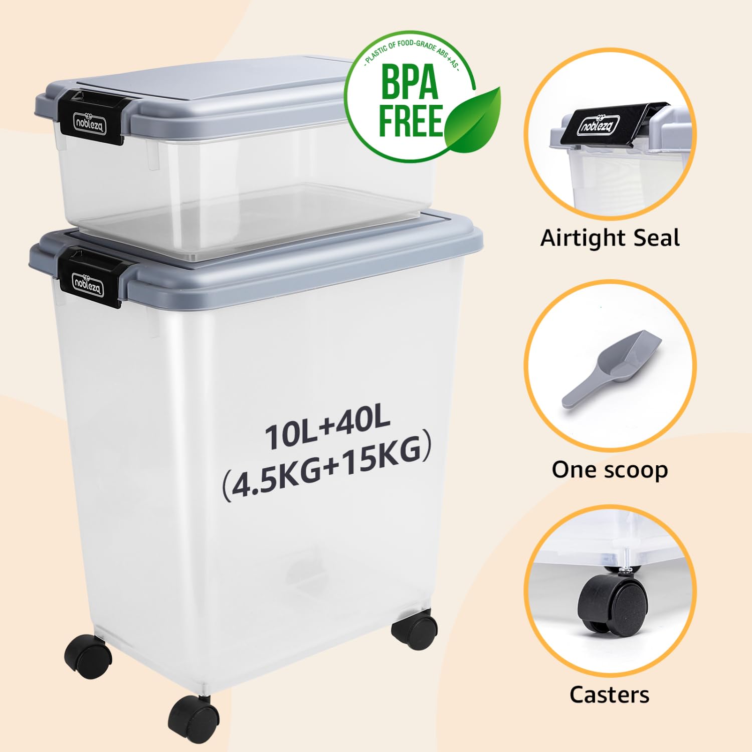 Nobleza Contenedor de Comida para Mascotas 10L+40L， Caja Hermética Transparente con Ruedas， Tapa Abatible y Pala para Alimento de Perros y Gatos， Gris