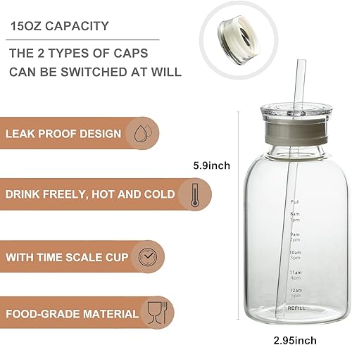 Miniatura 2 de DNIENKGE Botella de agua de vidrio con marcador de tiempo, 15 onzas con 2 tapas y pajita, botellas de vidrio reutilizables, adecuadas para bebidas,