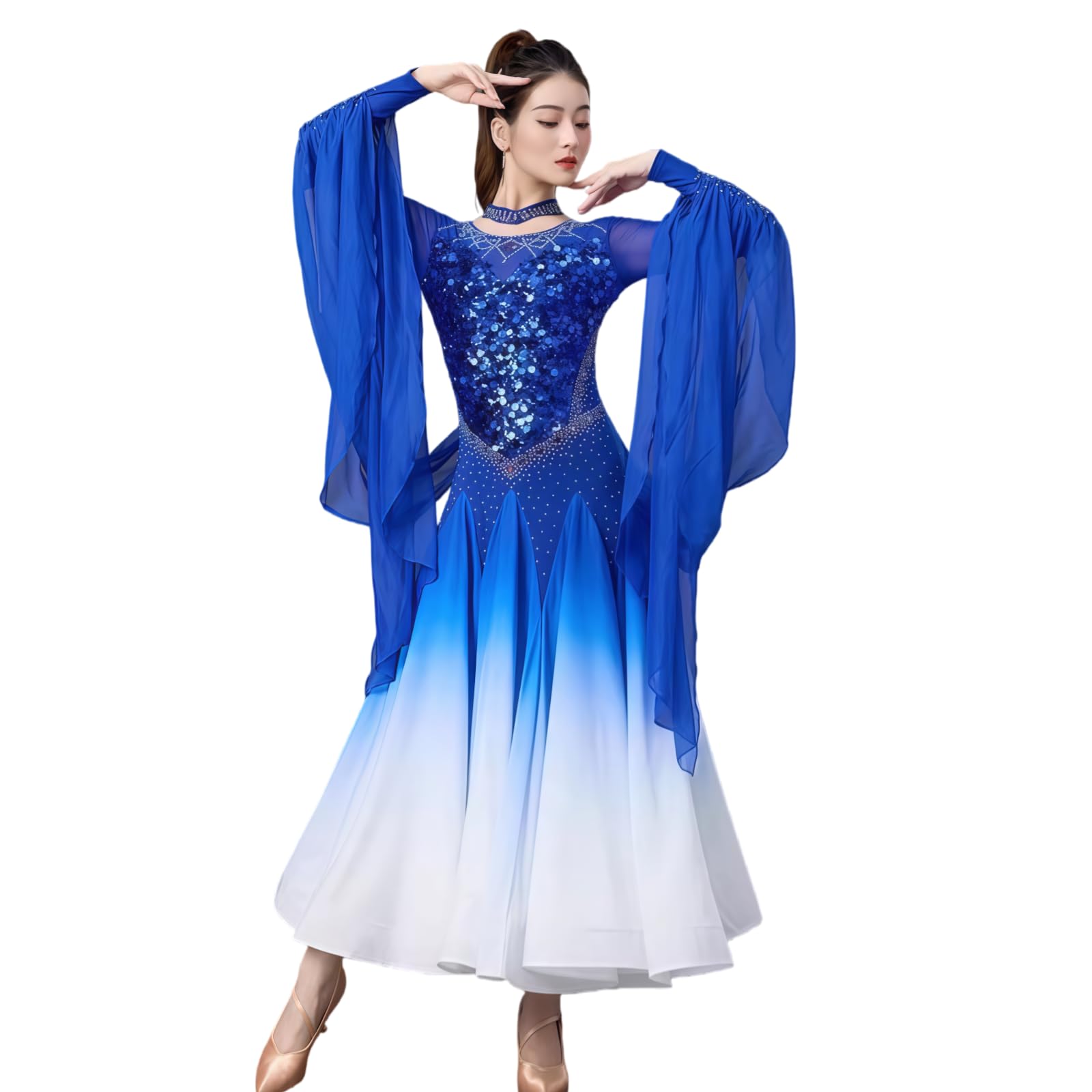 Damen Standard Ballroom Tanzkleid, Elegantes Langarm Tanzkleid Mit Rundhalsausschnitt, Strass Und Fließendem Chiffonrock Mit Farbverlauf Für Walzer Tango Foxtrott