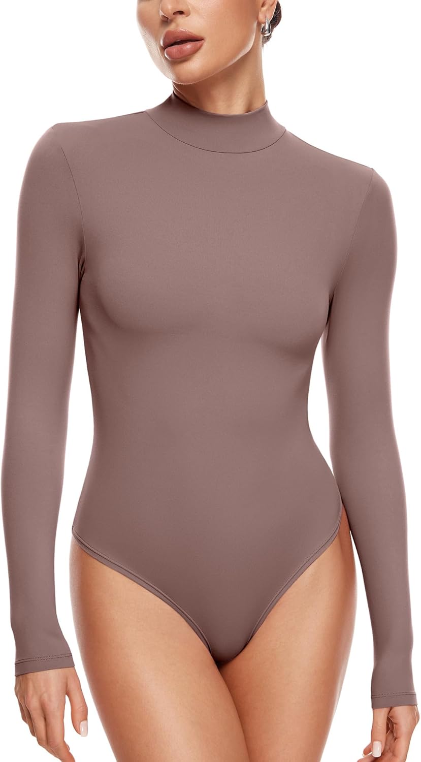 INLYRIC Women’s Natrelax Long Sleeve Bodysuit Mock Turtleneck Women Slimming Tops Thermal Underwear Stretchy Jumpsuits