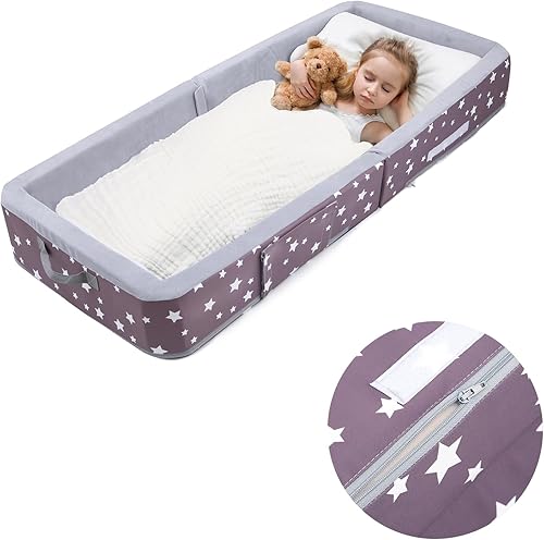 Miniatura 3 de Mooedcoe Cama plegable para niños pequeños con lados, cama plegable para niños pequeños de viaje, cuna de espuma (estrella), color gris