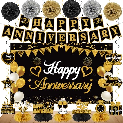 Happy Anniversary Decorations Kit – Black Gold Wedding Party Supplies – Large Banner, Backdrop, Table Centerpieces, Hanging Swirl, Paper Pompoms Decors