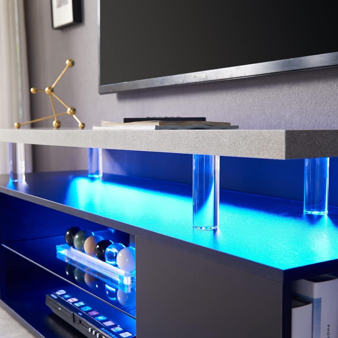 Another close-up view highlighting the LED lighting beneath the top shelf.