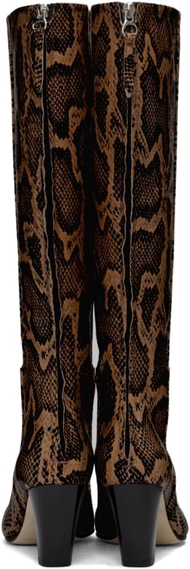 Women Vintage Chunky Block Heel Knee High Western Boots Pointed Closed Toe Snakeskin Boots Back Zipper Under Knee Combat Boots Two-Toned Fall Winter Boot Office Party Dressy Chic 4-11 M US