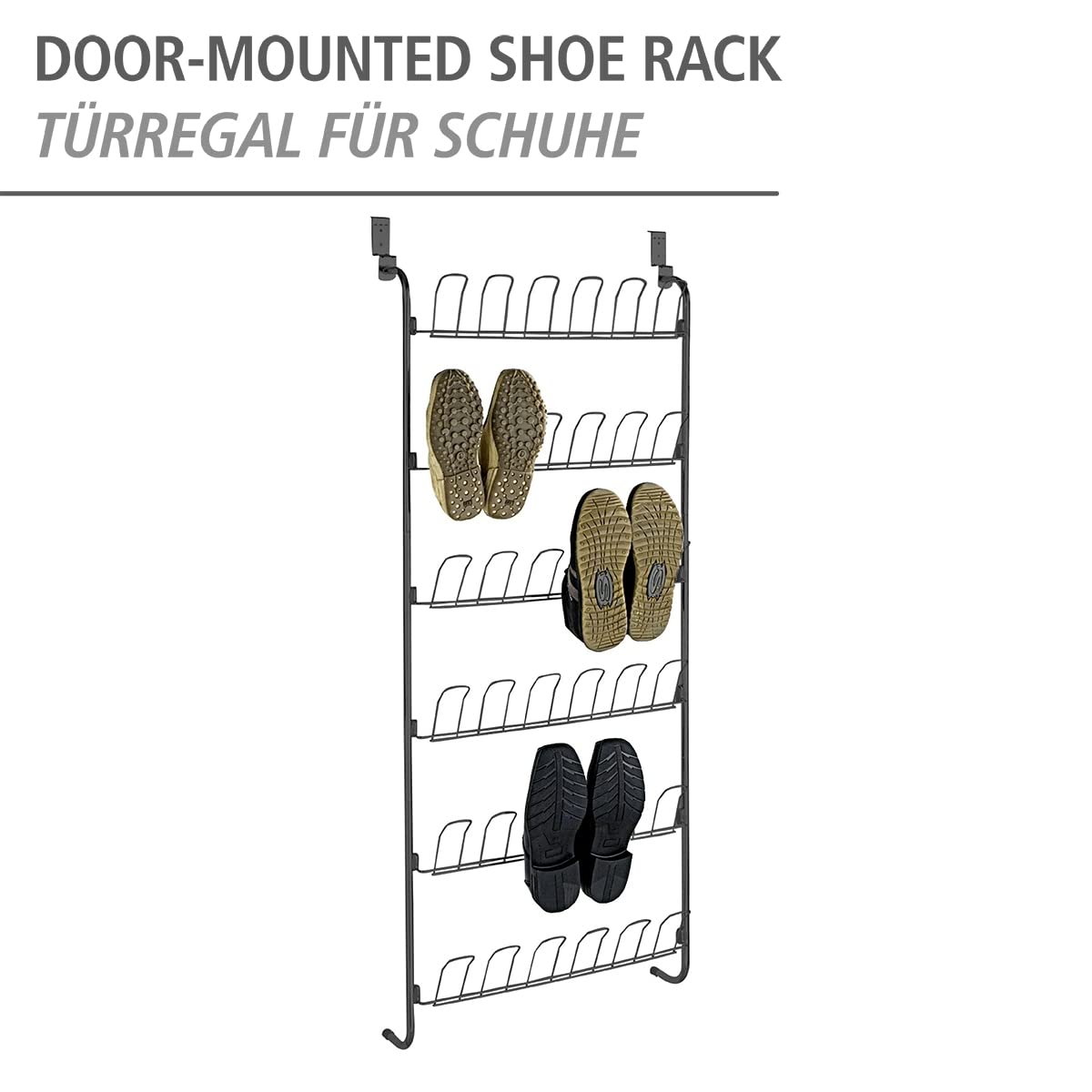 WENKO Scarpiera per sportello, scaffale con 6 ripiani per 18 paia di scarpe da appendere allo sportello, conservazione e organizzazione in tutta la casa, 59 x 151 x 14 cm, metallo rivestito a polvere