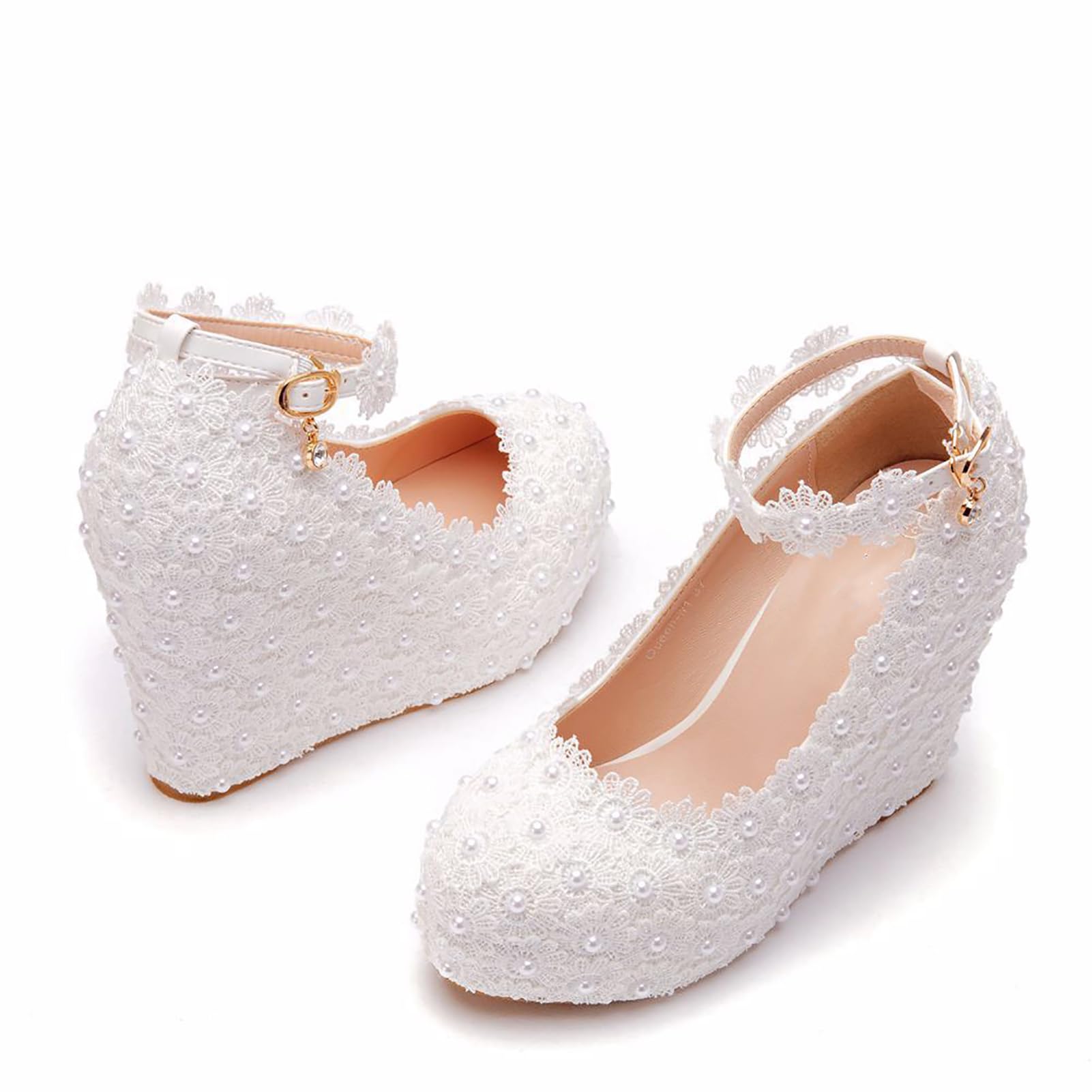 Zapatos de Boda de Encaje Blanco Zapatos de tacón de cuña Zapatos de Plataforma Zapatos de cuña de Punta Redonda Zapatos de tacón de cuña Zapatos de Novia,Blanca,37