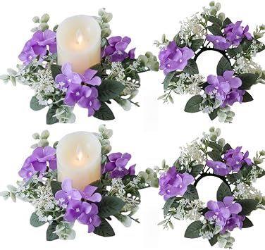 2 Pcs Candle Rings Artificial Hydrangea Eucalyptus Wreaths Small Boho Wreath Pillar Candle Holder for Summer Farmhouse Wedding Home Door Tabletop Cabinet Decoration Purple