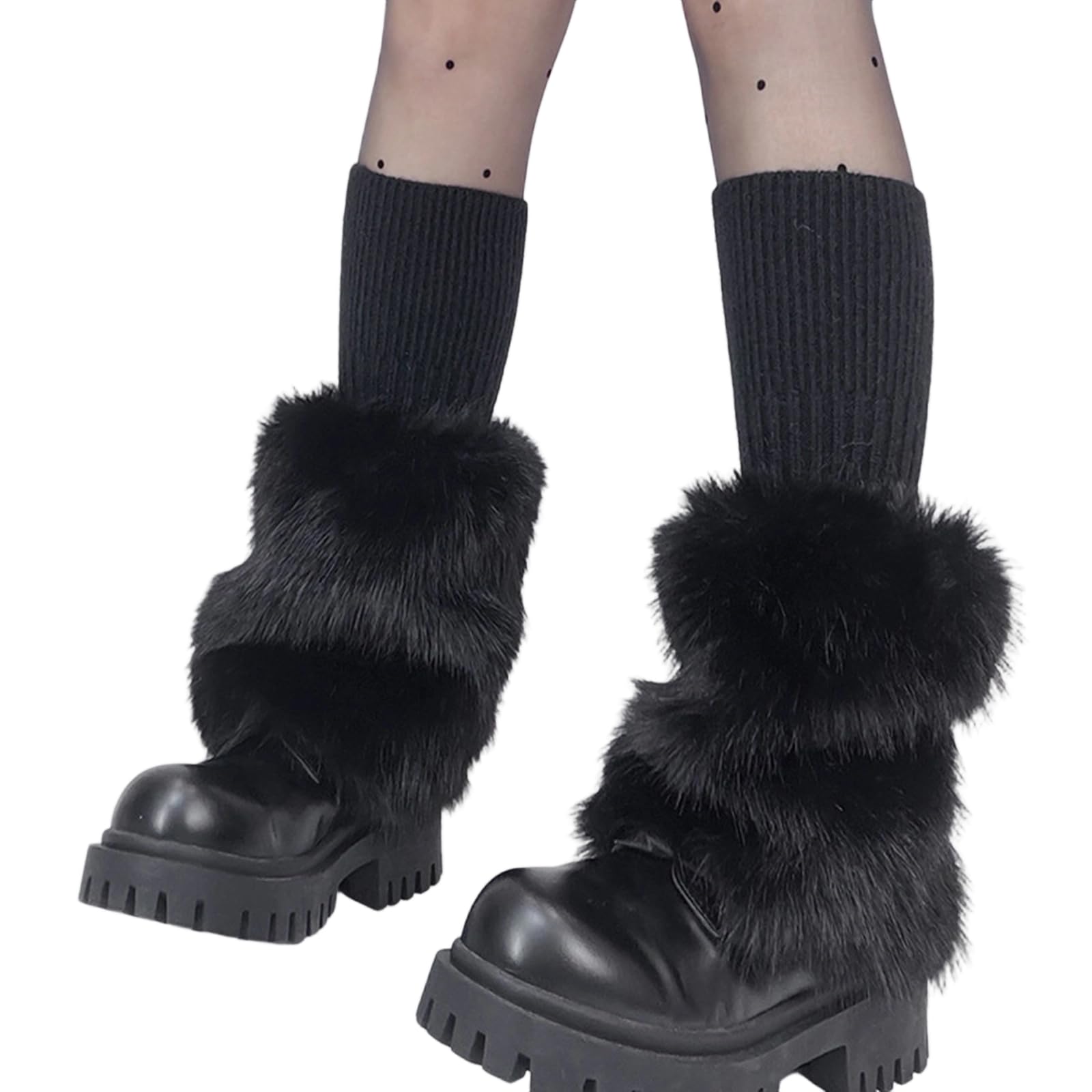Womens Faux Fur Leg Warmers Knit Patchwork Fuzzy Fluffy Winter Boot Covers Boot Socks