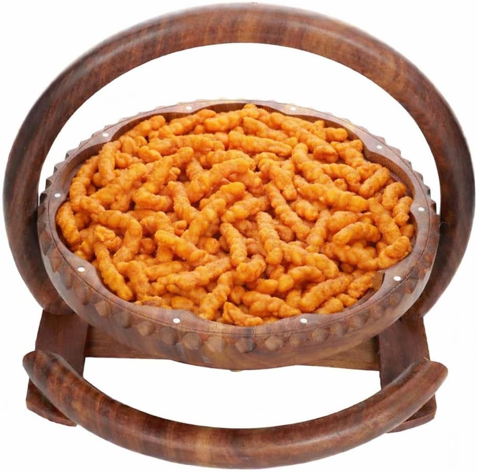 Handcrafted Carved Foldable Wooden Fruit Basket with Carry Handle | Collapsible Solid Wood Serving Bowl for Fruits, Dry Fruits & Table Décor