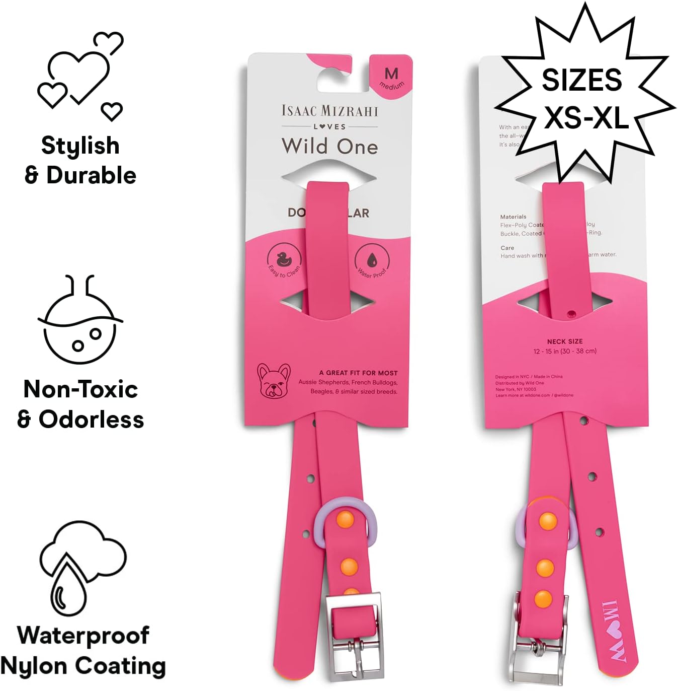 Wild One, Limited Edition, Designer Collection, Pink Dog Collar, Easy-Clean, All Weather Flex-Poly Strap with Metal, Durable, Dirt and Odor Resistant, Large