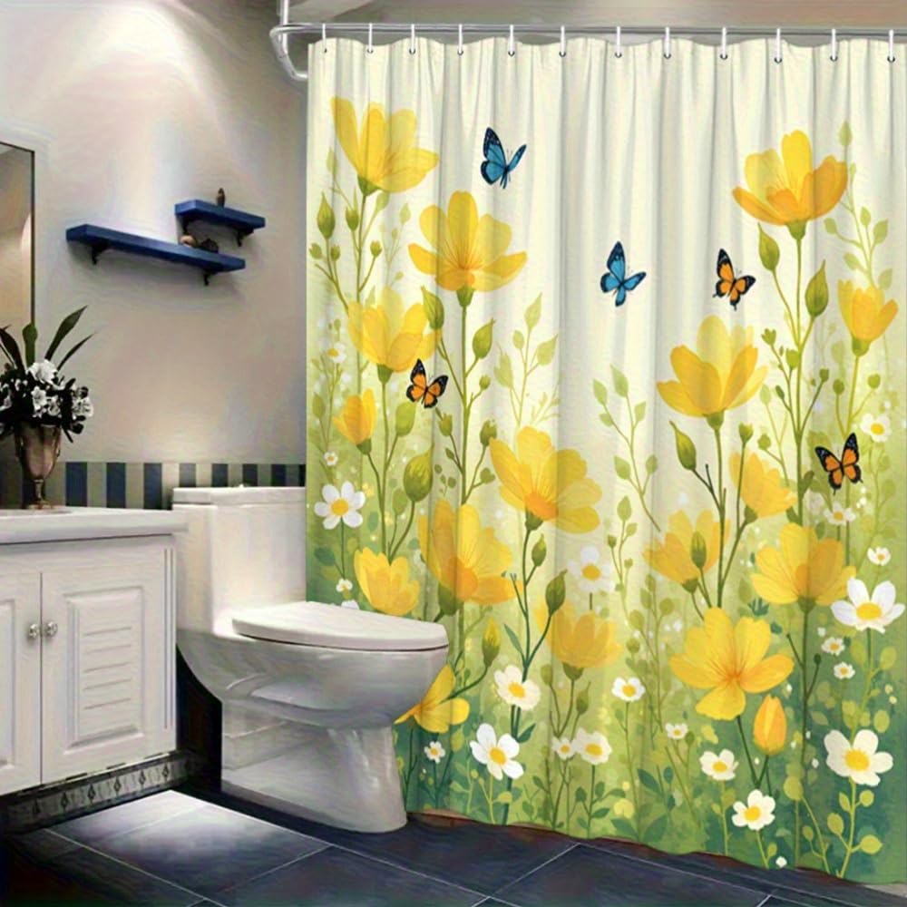 Duschvorhang mit gelben Blumen, weißen Blüten und Schmetterlingen, wasserdichter Duschvorhang für Badezimmer mit Haken (260 x 160 cm/B x H)