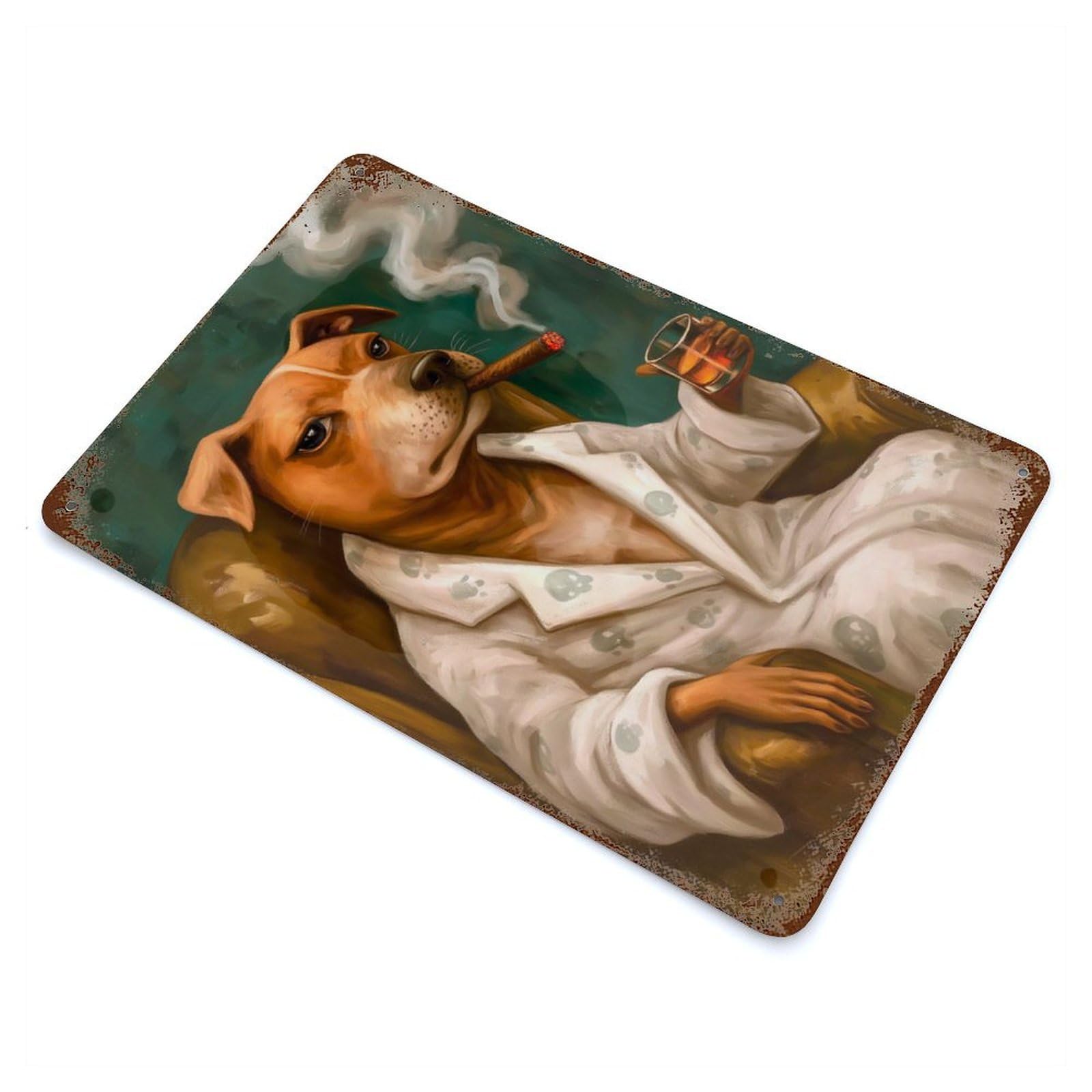 Aged Metal Wall Plaque with Sophisticated Dog Smoking Cigar Painting Design 11.8"x7.9", for Cafe, Home Bar And Lounge Decor, Novelty Wall Decor