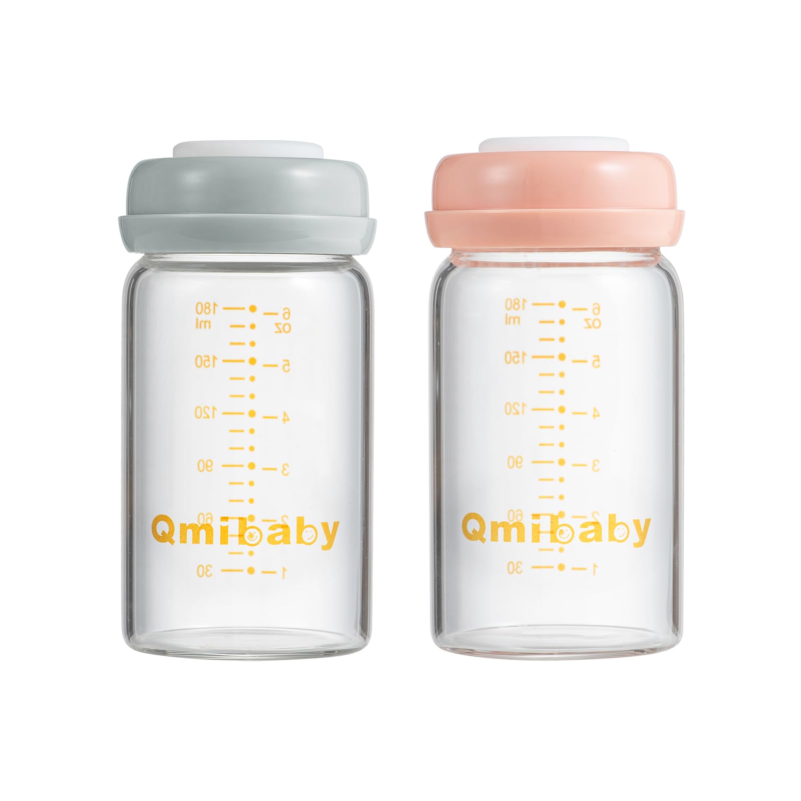 Qmibaby Glass Breastmilk Storage Bottles BPA-Free Leak-Proof Baby Bottle for Breastmilk Storage Wide Neck Bottles with Screw Ring Sealing Disk Breastfeeding (Grey+Pink -180ML-2PCS)