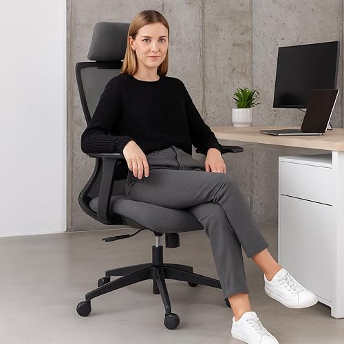 Miniatura 2 de Silla de oficina ergonómica de malla con respaldo alto con soporte lumbar ajustable, base giratoria de 360 y reposacabezas - Silla de escritorio