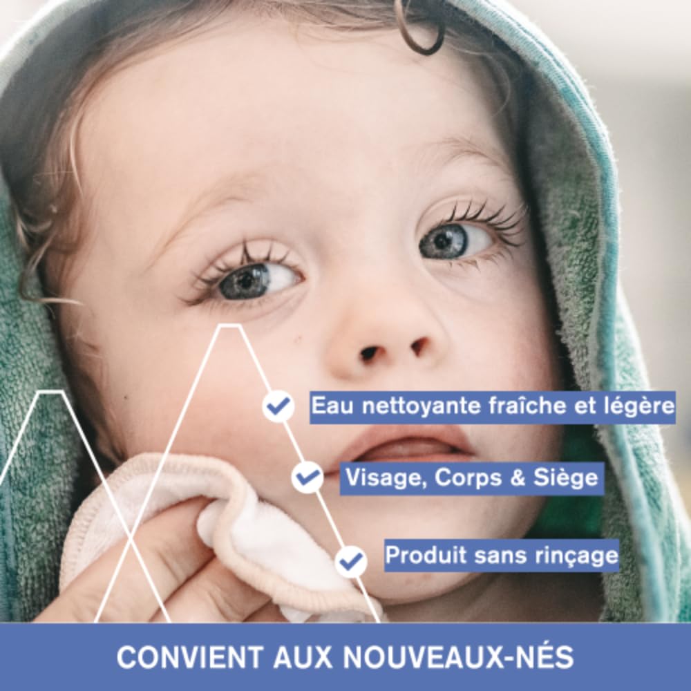 Pack Eau Nettoyante Bébé 1L 600 coton 8x10cm Visage Corps