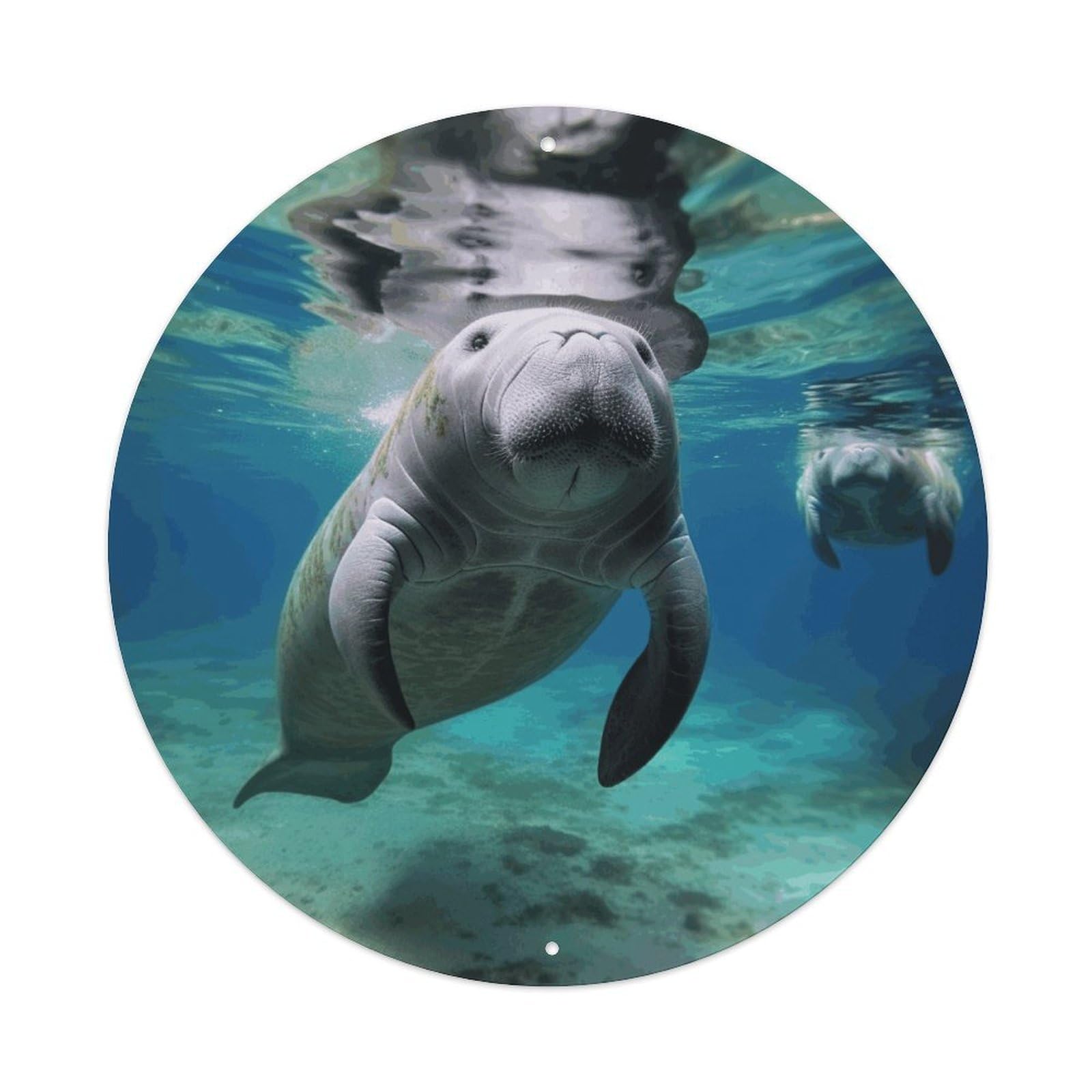 LZQPOEAS Ocean Animal Manatee Round Aluminum Wall Art Sign, Metal Indoor Wall Decor with Holes, Durable Circular Aluminum Plaque for Home, Bar, Cafe, Living Room, And Office Decoration