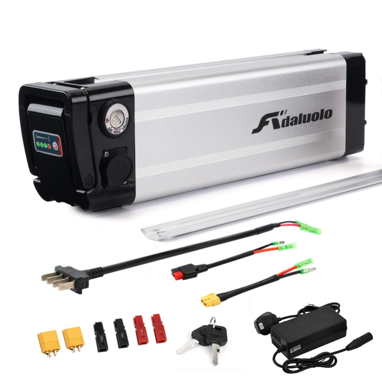 Adaluolo 48V Ebike Battery, 48V 13AH 624WH Electric Folding Bike Lithium Battery Waterproof Silver Fish E-Bike Removable Pedelec Batteries 4 Ports Discharge with Charger for 500W 750W 1000W Bike Motor