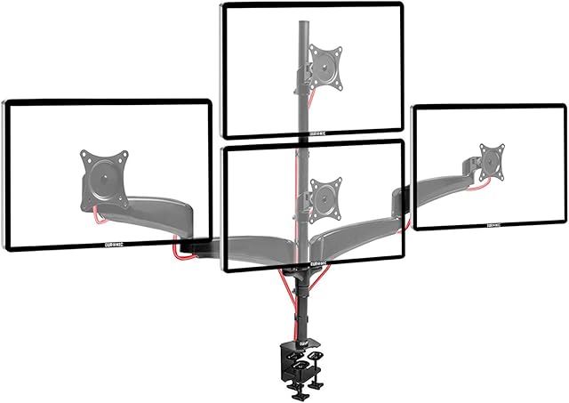 Duronic Monitor Arm Stand DM453VX1, Quad PC Desk Mount, Aluminum, Height Adjustable, For Four 15-27 LED LCD Screens, VESA 75/100, 6kg Per Screen, Tilt -90°/+85°, Rotate 360°
