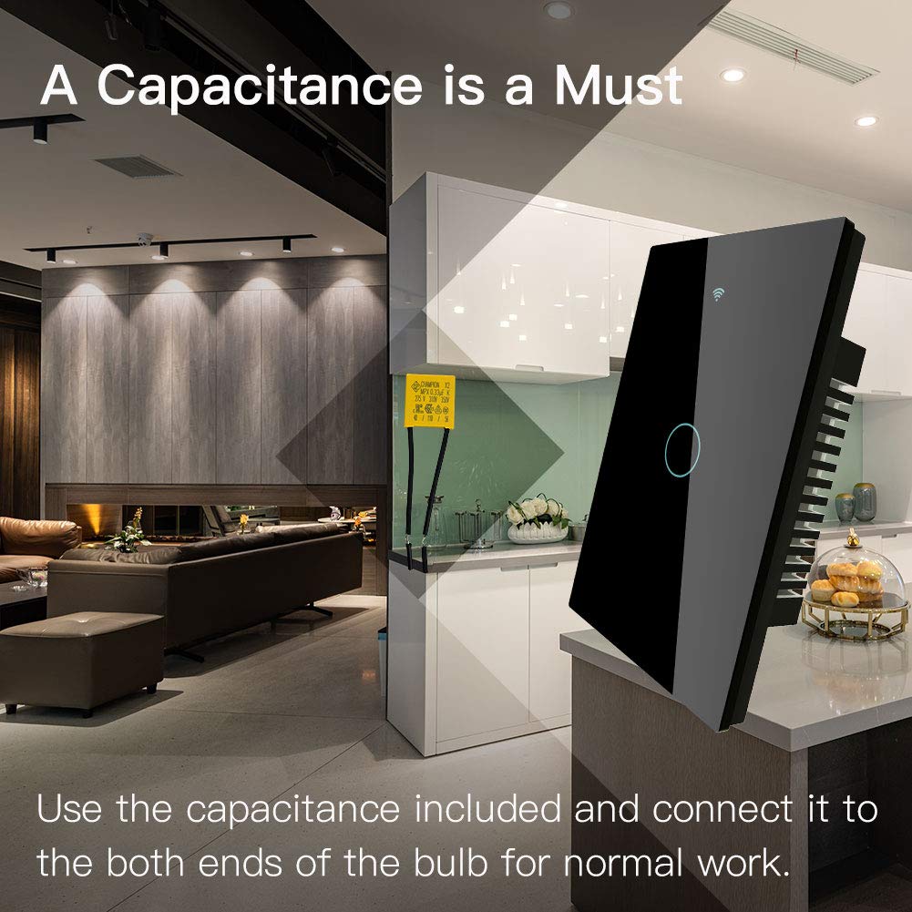 MoesGo 2nd Generation WiFi RF433 Smart Touch Wall Single Fire Smart Switch,No Neutral Wire Needed Compatible with Smart Life/Tuya App, Works with Alexa and Google Home Single Pole 110V Black 1 Gang