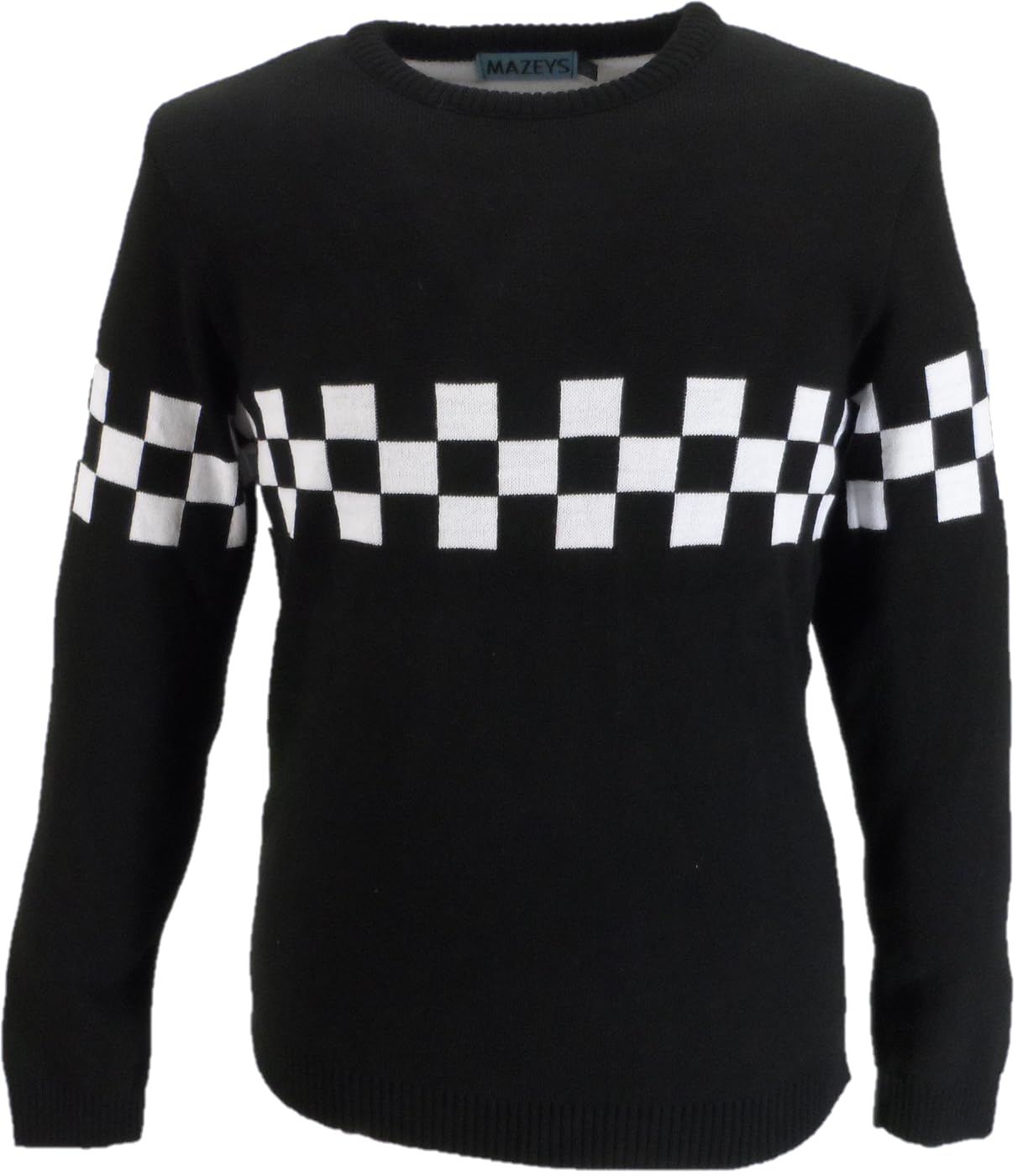 Mazeys Mens Checkerboard Retro Crew Neck Jumper (UK, Alpha, S, Regular, Regular, Black/White)