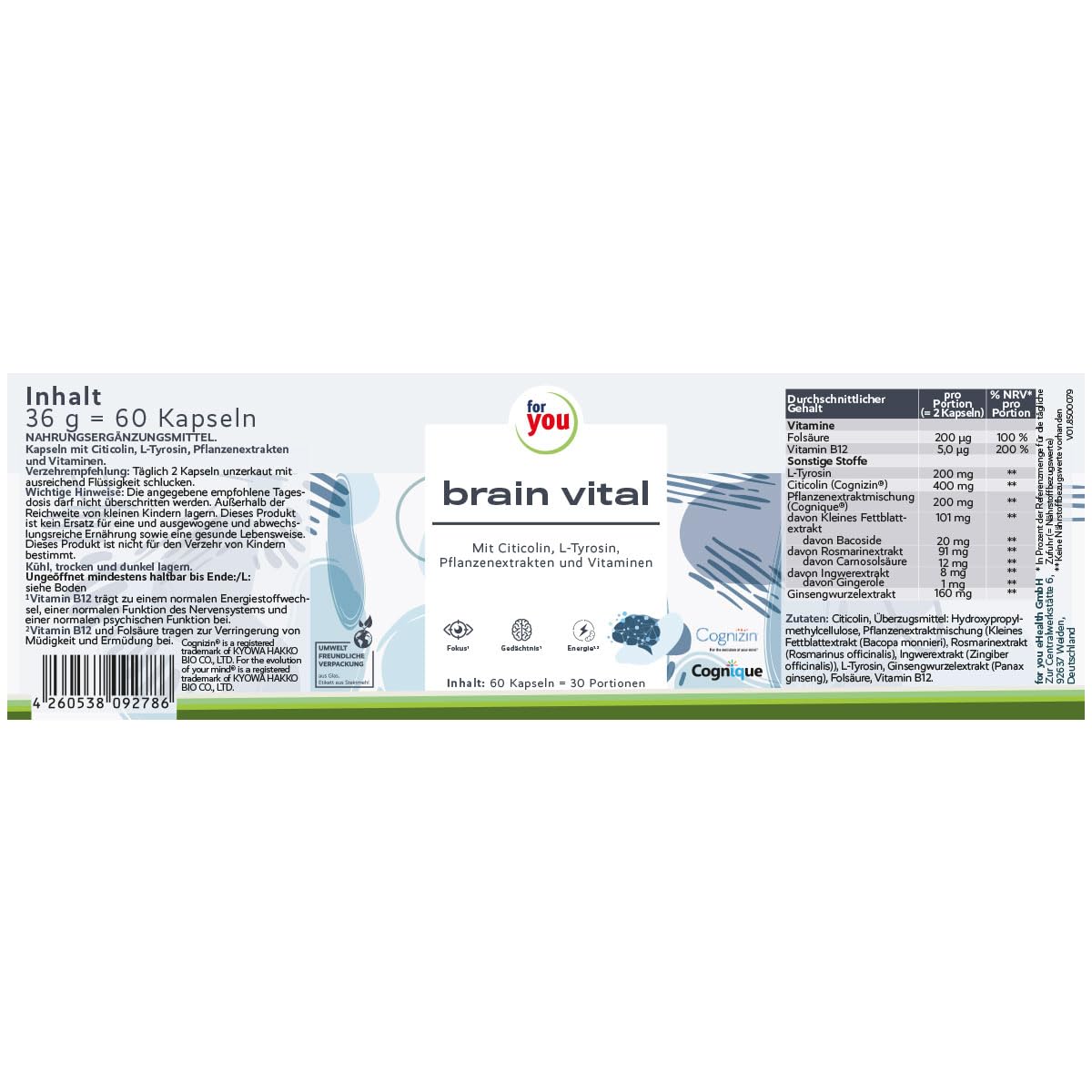 for you brain vital 60 Konzentrations Kapseln - Brain Booster mit Citicolin (Cognizin®), Cognigue® - Sekundäre Pflanzenstoffe & Ginseng - Vegan, ohne Zusatzstoffe - ohne Koffein für mehr Focus