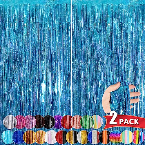 Lake Blue Metallic Tinsel Foil Fringe Curtains, 2 Pack 3.3x8.3 Feet Party Streamer for Birthday Party Decorations, Halloween Decor, Foil Curtain Backdrop for Bachelorette Party